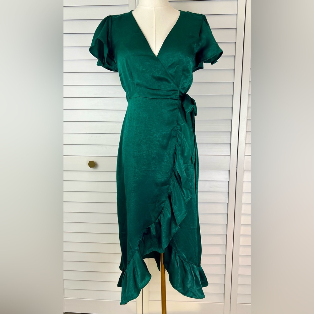 Vintage Rosie French Emerald green silky wrap Dress. SX